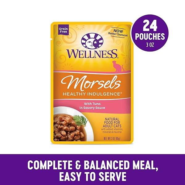 WELLNESS HEALTHLY INDULGENCE MORSELS ADULT WET CAT FOOD, NATURAL, PROTEIN-RICH, GRAIN FREE, 3 OUNCE POUCH, 24 PACK, (TUNA)