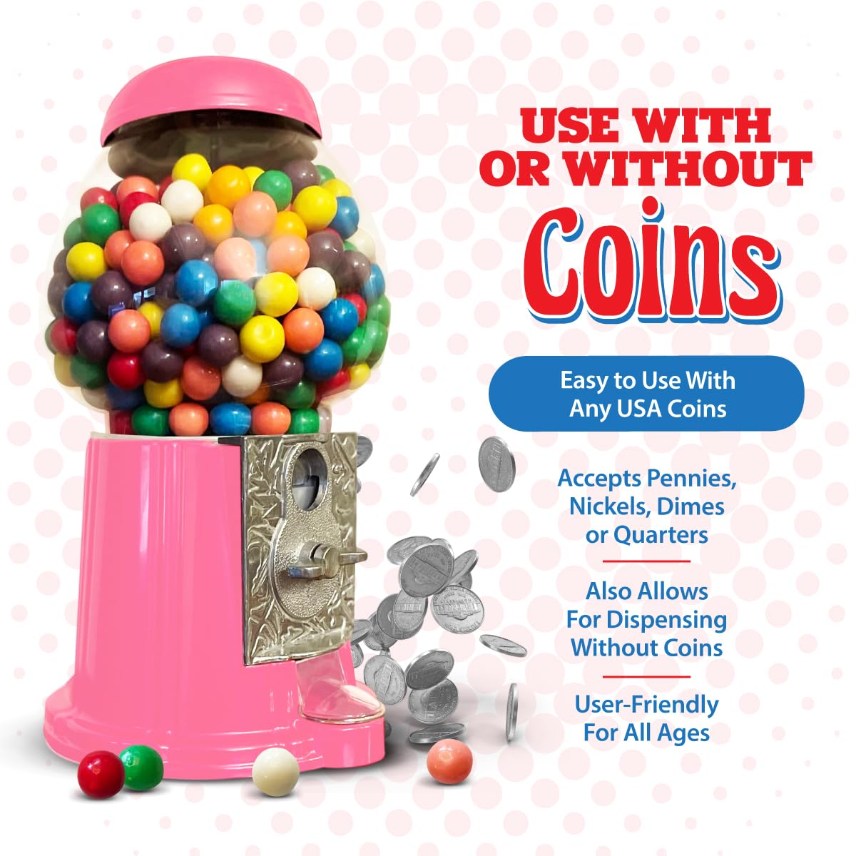 American Gumball Company - Metal 11-Inch Retro Style Pink Gumball Machine, Made for 0.62 Inch Gumballs, Candy or Nuts, Accepts Any US Coin