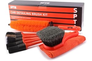 SPTA 8Pcs Wheel & Tire Brush Car Detailing kit, Easy Reach Wheel and Rim Brush, 5pcs Detailing Brushes, Short Handle Cleaning Brush, 1pc Microfiber Cleaning Cloth, Great to Clean Dirty Tires
