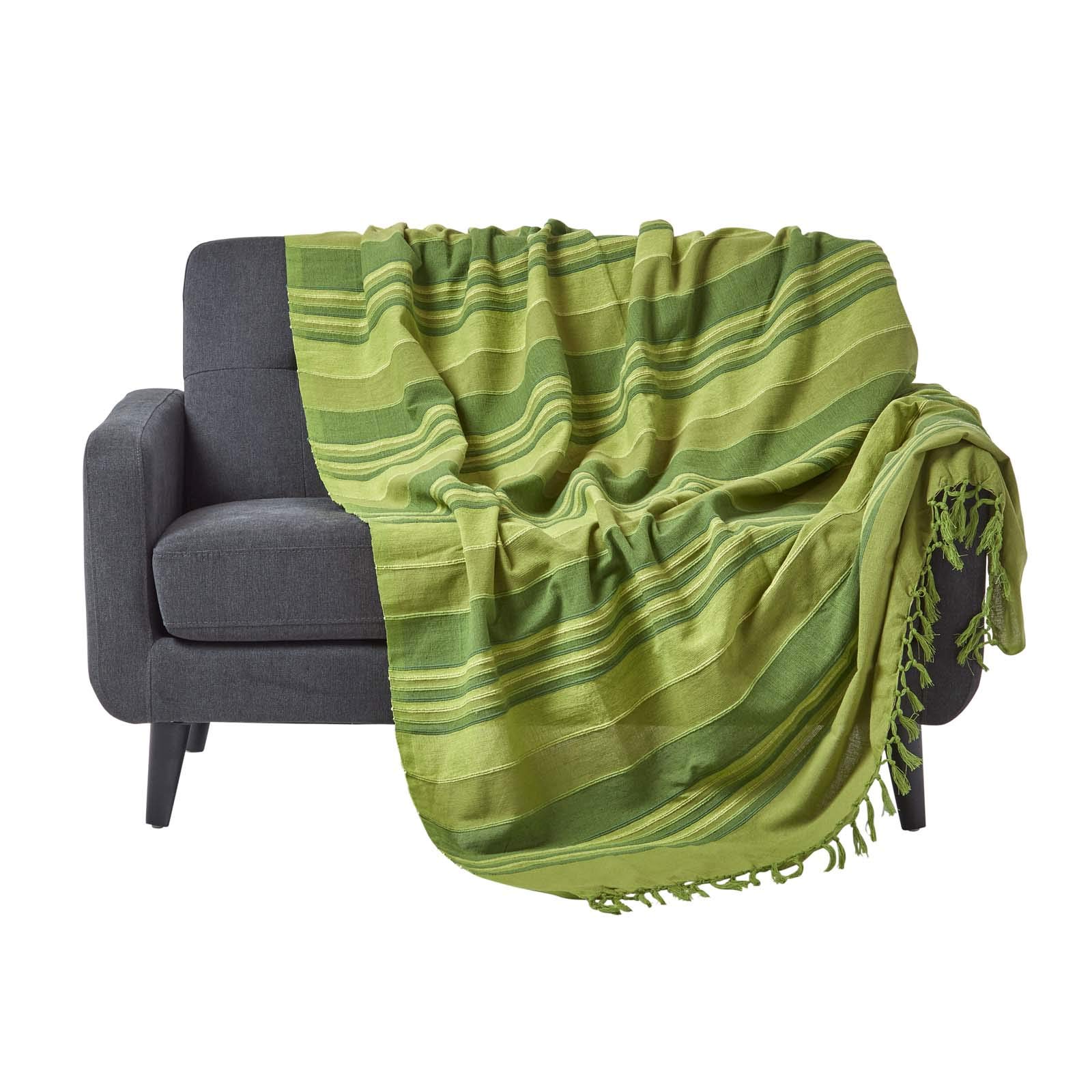 HOMESCAPES Large Green Throw “Morocco” Cotton Textured Stripe Throw 225 x 255 cm Bedspread Sofa Throw Handmade Suitable for 2 or 3 Seater Sofas or Double and King Size Beds Machine Washable
