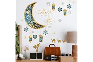 INCHOLL Ramadan Wall Stickers Islamic Muslim Wall Decals Eid Mubarak Ramadan Lantern Moon Star Window Decor for Home Living Room Bedroom Decorations Ramadan Wall Clings (Gold and Blue)