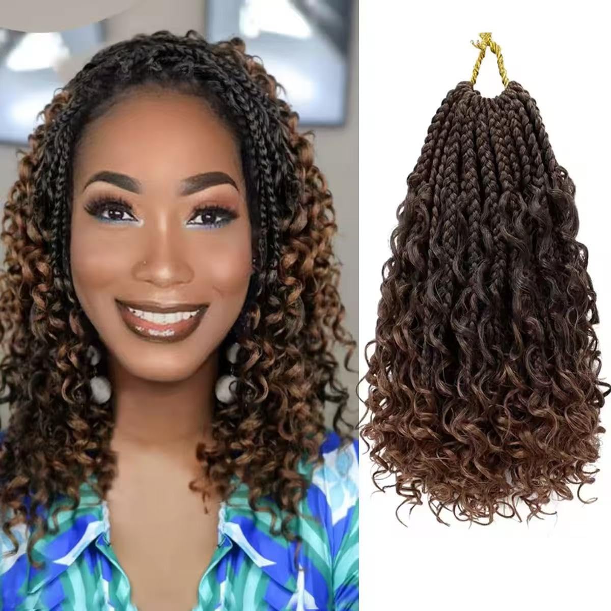 Photo 1 of Goddess Box Braids Crochet Hair 10 Inch 8 Packs Pre-looped Bohemian Crochet Boho Box Braids With Curly Ends 3X Crochet Braids Hair for Women Synthetic Braiding Hair (#1B/30)