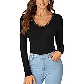 LYANER Women's Long Sleeve Shirts Lace V Neck Basic Casual Ribbed Knit Tops Cute Fashion Clothing