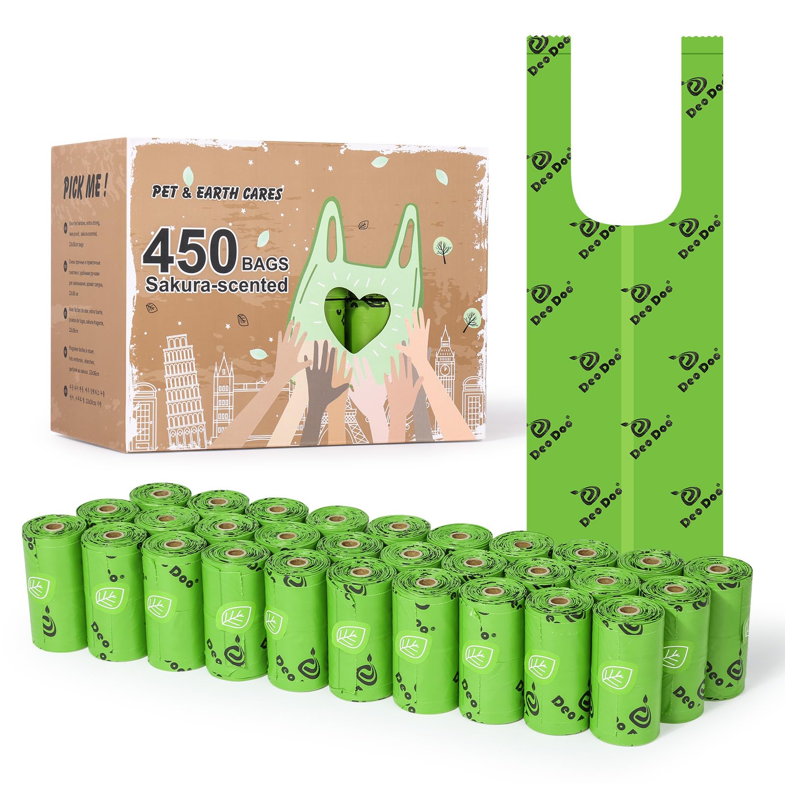 Poo Bags Dogs with Tie Handle Biodegradable Cherry Blossom Scented Poop Bags 450 30 Rolls Counts Leak Proof and Extra Thick Waste Bags Refill Rolls for Cat Litters
