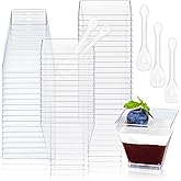 Oomcu 50 Pack 7oz Square Clear Plastic Dessert Cups & Spoons – Disposable Mini Parfait Cups for Yogurt, Ice Cream, Jello, Candy, Salad, Appetizers, Mousse,Snack, Charcuterie, Pudding, Party Serving