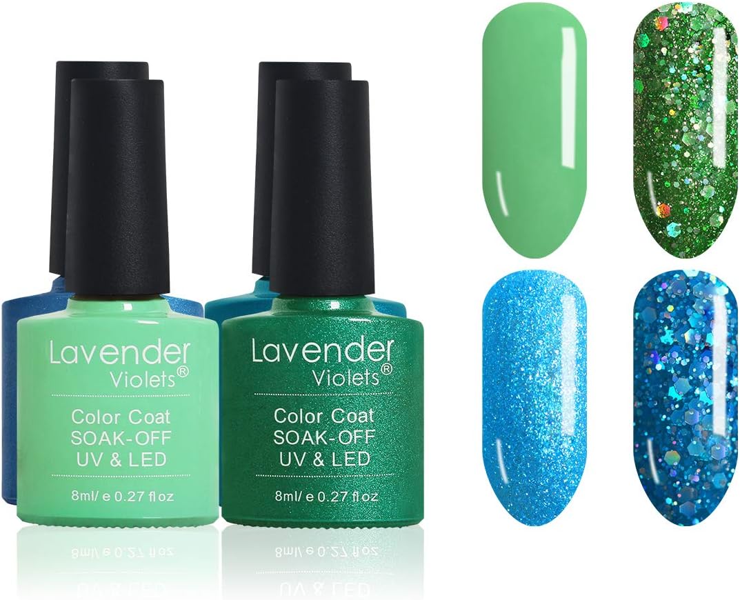 Lavender Violets 8ml 4 Colours Set UV LED Soak Off Nail Gel Polish Design DIY Glitter - Green & Blue