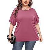 AusLook Plus Size Tunic for Women Double Ruffle Short Sleeve Clothes Loose Fit Clothing Flowy Shirts Summer Tops