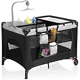 Pack and Play with Changing Table & Carry Bag, 4-in-1 Portable Crib Playpen for Newborn to Toddler, ASTM Certified Foldable Travel Crib with Bassinet(A-Black)