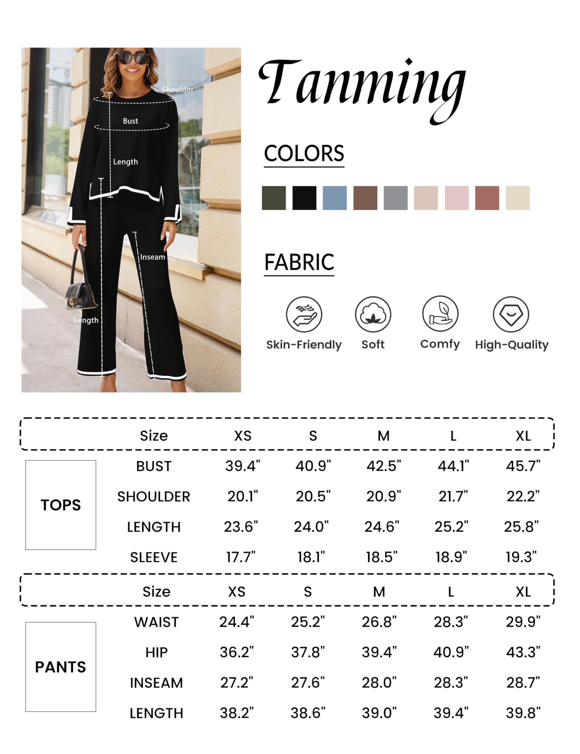 Tanming Women's 2 Piece Outfits Long Sleeve Knit Sweater Top Wide Leg Pants Lounge Sets Tracksuits (Black-XL) - Image 2