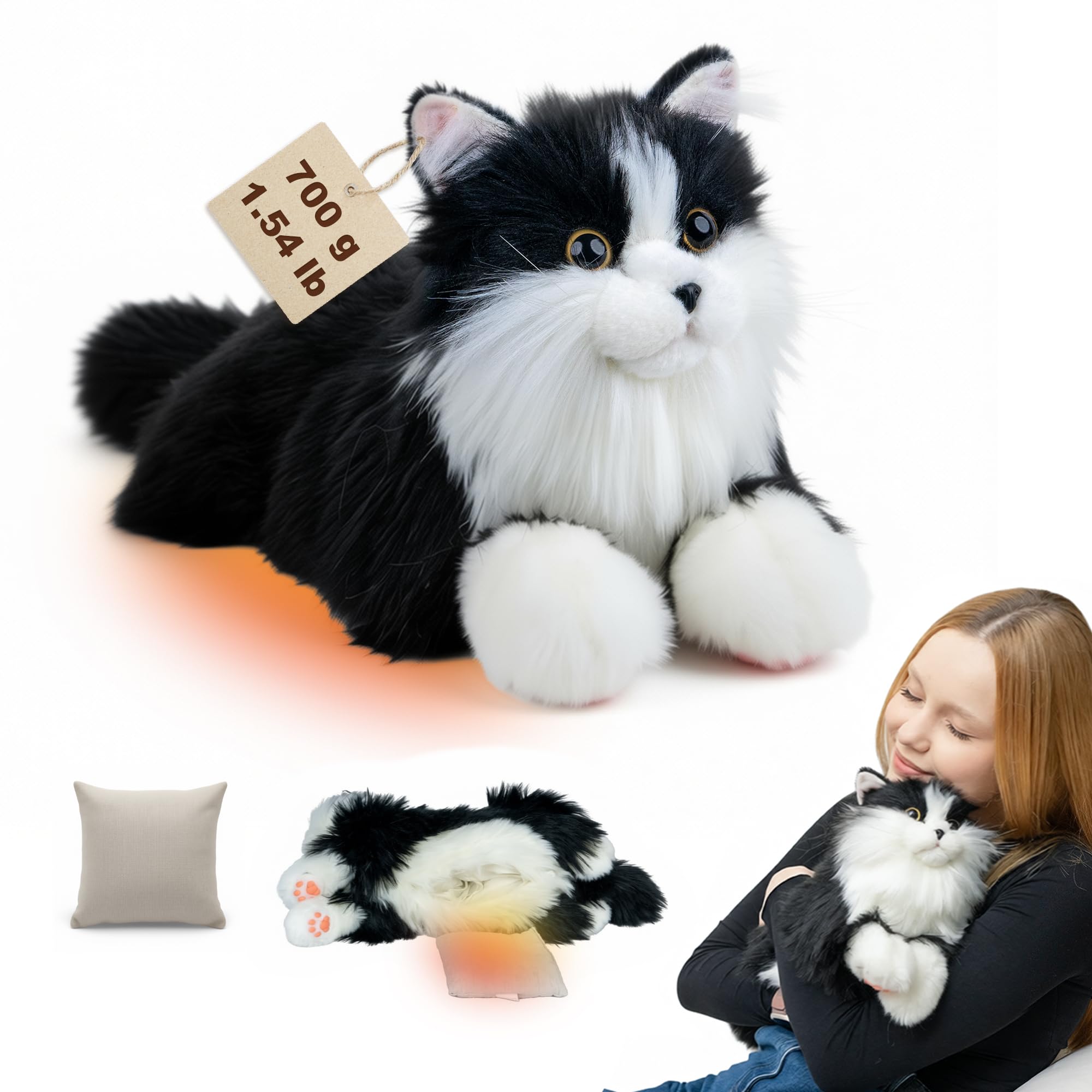 Microwavable and Weighted Stuffed Animals Cat, 1.5lb 21-Inch Lifelike Cat Plush with Unscented Heat/Cooling Pad, Genuine and Comforting Hugging Sensation, Relaxation for Children and Adults(Black Cat)