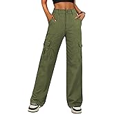 IWD Womens Cargo Pants with Pockets High Waisted Combat Military Straight Leg Casual Work Trousers 6 Pockets Army Green M