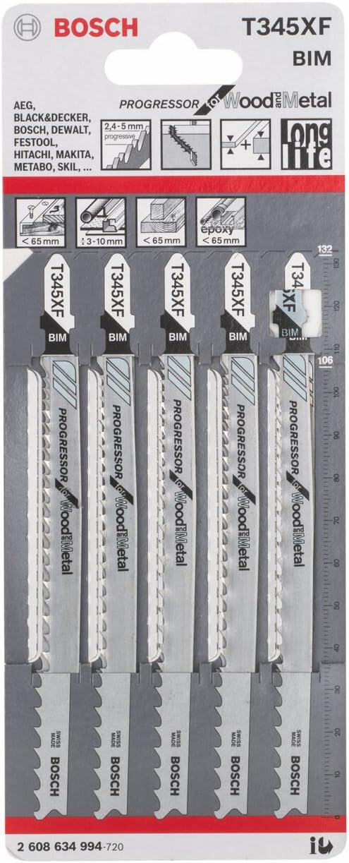 Bosch 5x PRO Thick and Thin Multi Material T345XF Jigsaw Blade (for Wood with nails Steel, Length 132 mm - Image 3