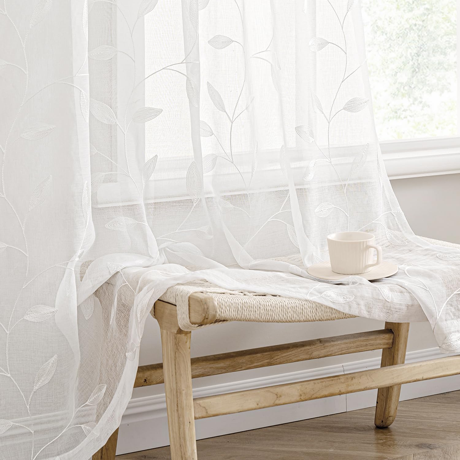 Photo 1 of MIULEE White Sheer Curtains 2 Panels Embroidered Leaf Patterned Rod Pocket Floral Semi Sheer Faux Linen Window Curtains Drapes Set for Living Room Bedroom Dining Room, 52x84 Inches Long