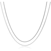 Moodear Trendy 2Pcs 3mm Chain Necklace for Men Layered 14K Silver Plated Cuban Link Rope Necklaces Set Simple Jewelry Gift 18-28 Inches