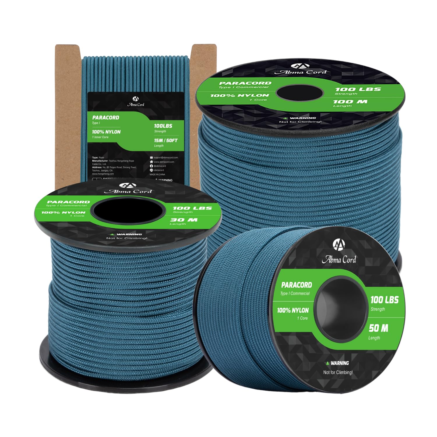 Abma Cord Paracord 2mm 50m 100% Nylon Rope 1 Strand Type I Parachute Cord - Max. 45kg (100lbs) - Teal