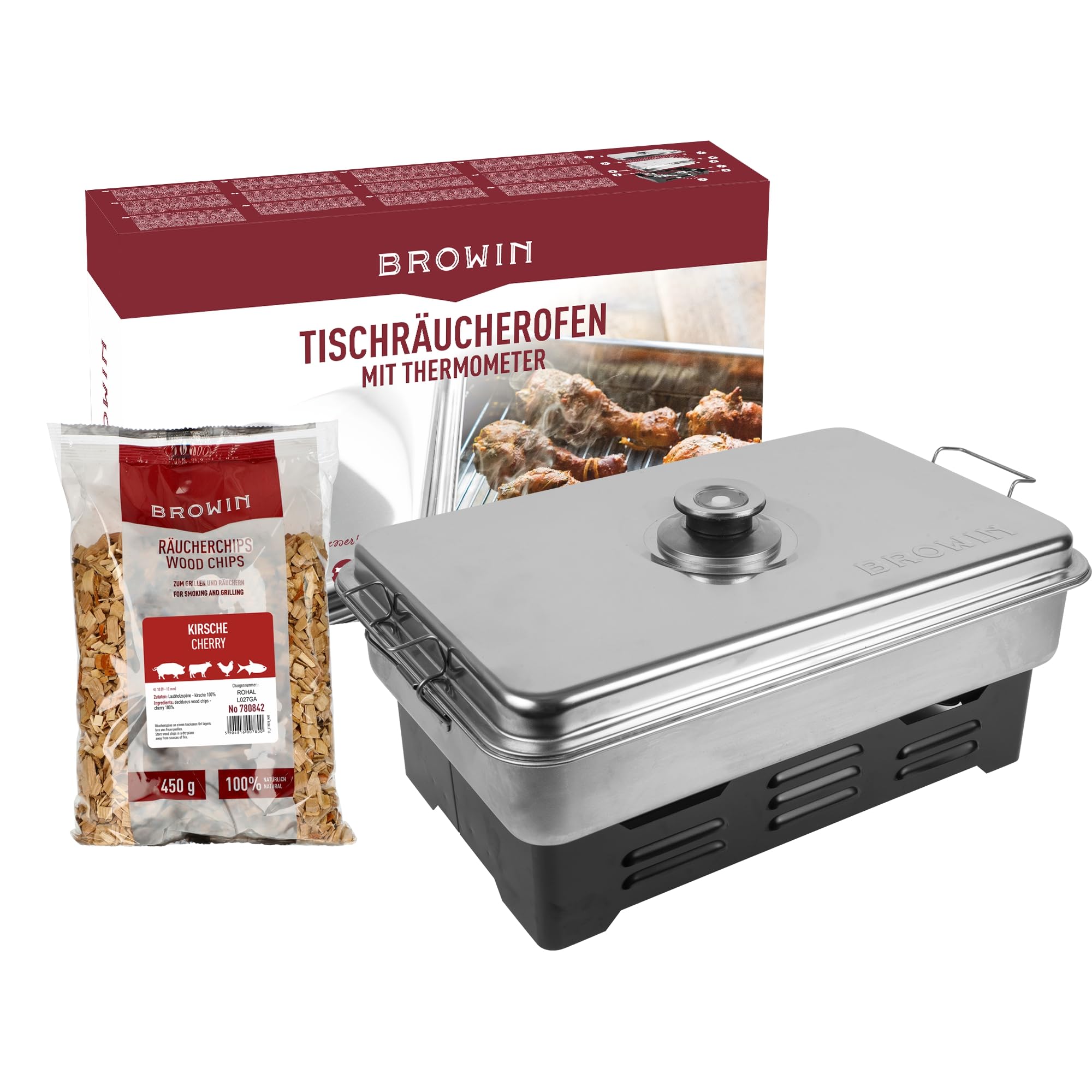 Browin 330010 Balcony Smoker Oven Rustproof Mobile - with Kitchen Thermometer and Smoking Chips Grey 11 x 43.5 x 27.5 cm