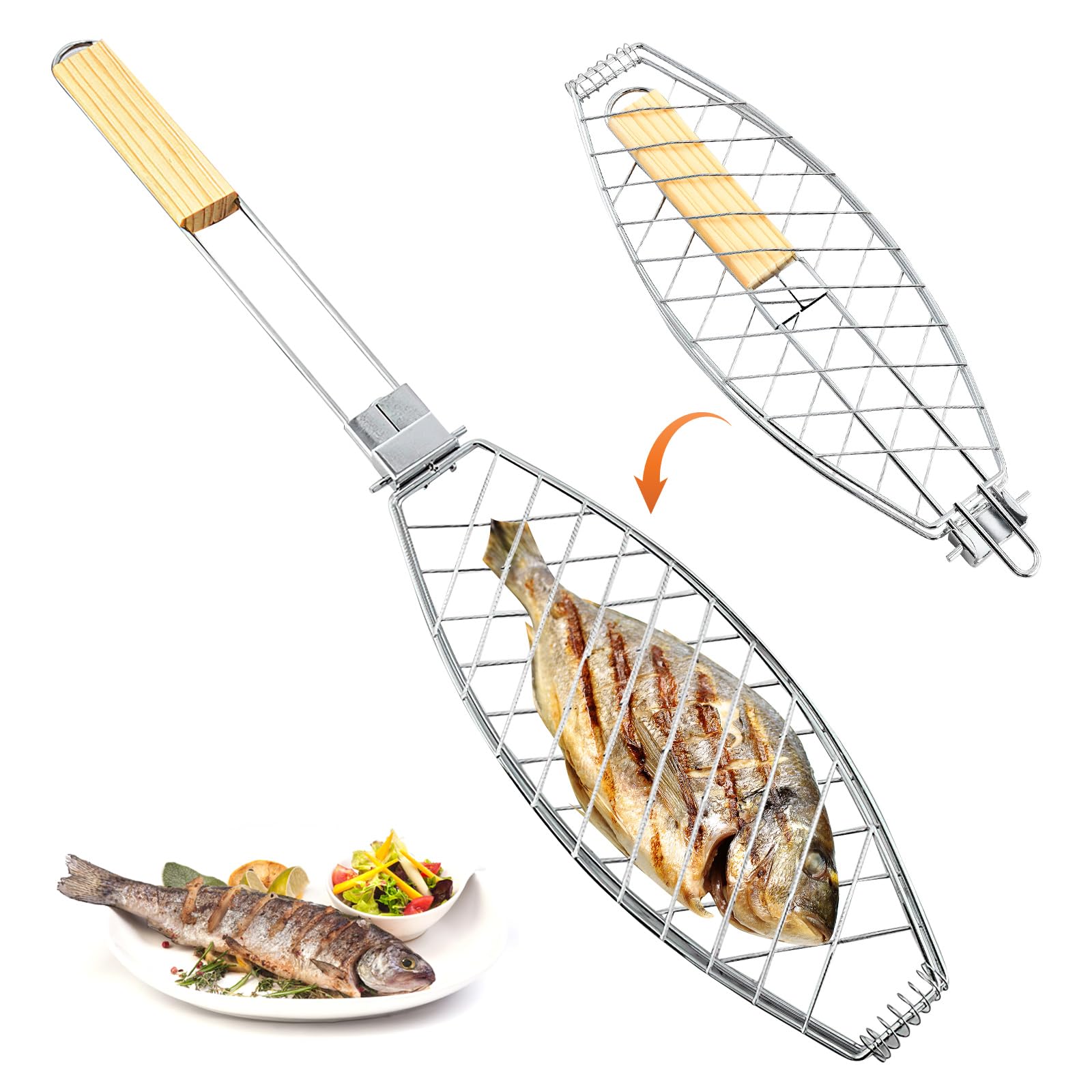 SilverChry Fish Grill Holder, Fish Grill Grid, Fish Tongs for Grilling, Fish Grill Tongs, Fish Roasting Tongs, Portable Fish Grill Basket, BBQ, Foldable Grill Grid, Clip, Stainless Steel Barbecue