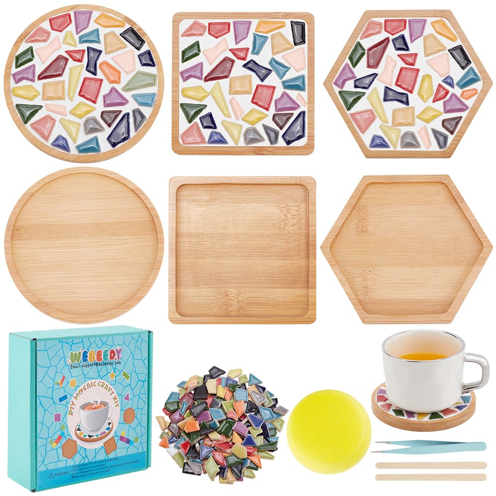 WEBEEDY 3 Sets DIY Ceramic Mosaic Coaster Mosaic Tiles Pieces with Bamboo Coaster,Mosaic Making Kit with Instruction for Adult Beginner,Mosaic Supplies for Coaster Handmade Home Decoration Gift