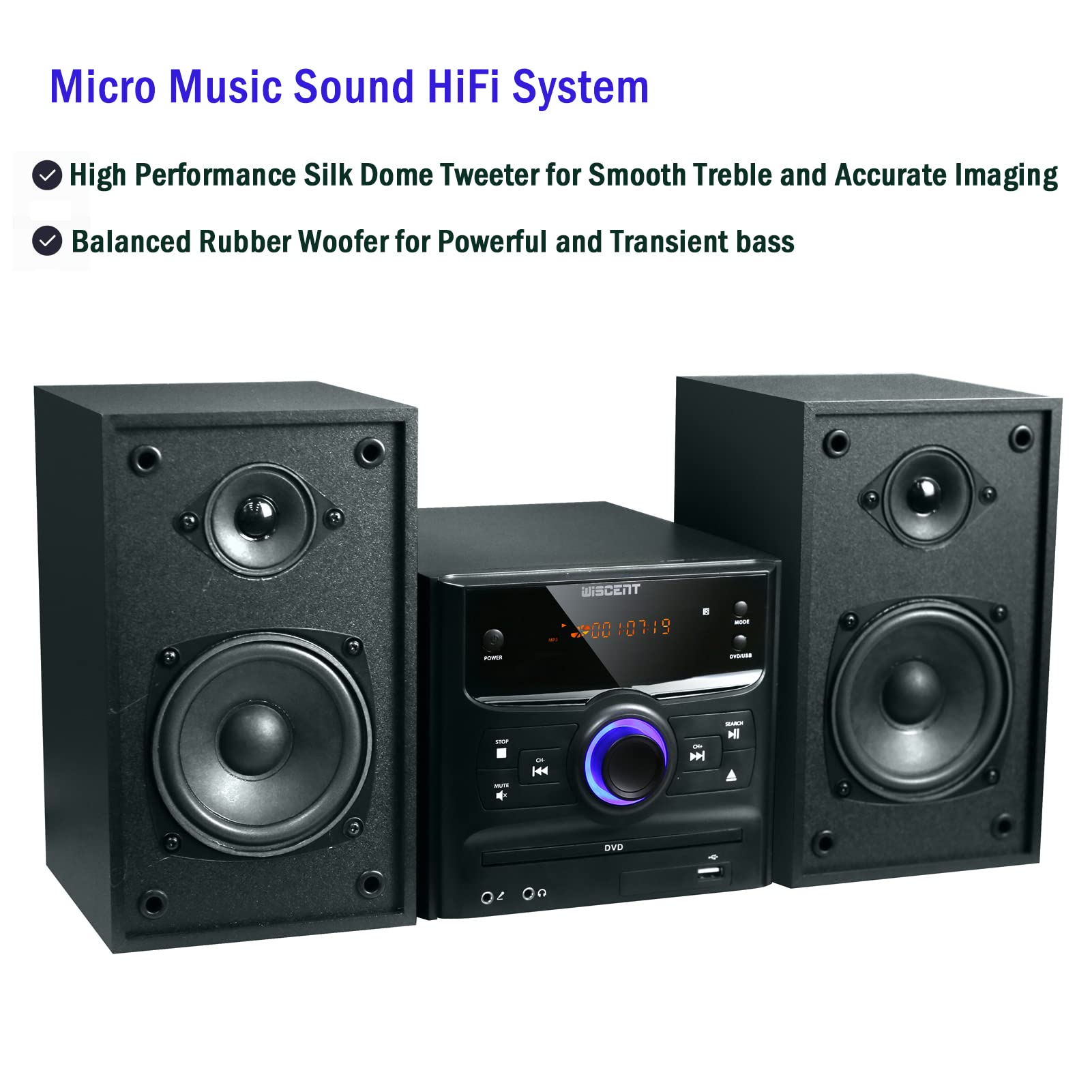 WISCENT Stereo Shelf System For Home With Bluetooth, Compact Micro ...