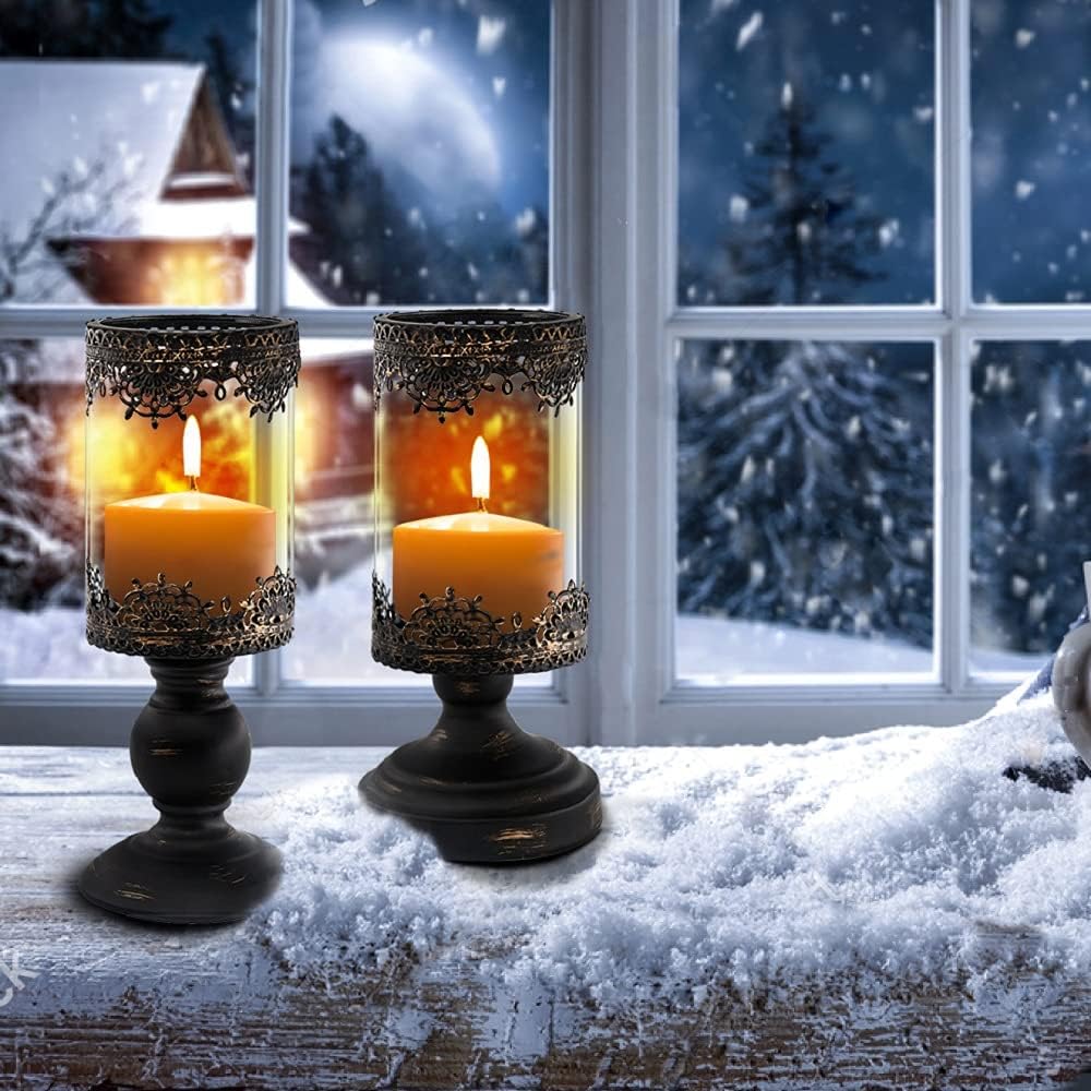 Newthinking Hurricane Candle Holders, Set of 2 Metal Pillar Candle Holders with Glass Cover for Home, Wedding, Candlelight Dinner Decoration: Kitchen & Dining