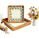 1 pcs Rectangle Rattan Serving Tray with Mother of Pearl Inlay, Decorative Wicker Tray for Coffee, Bread, Fruits, Elegant Table Decor for Living Room & Dining Room