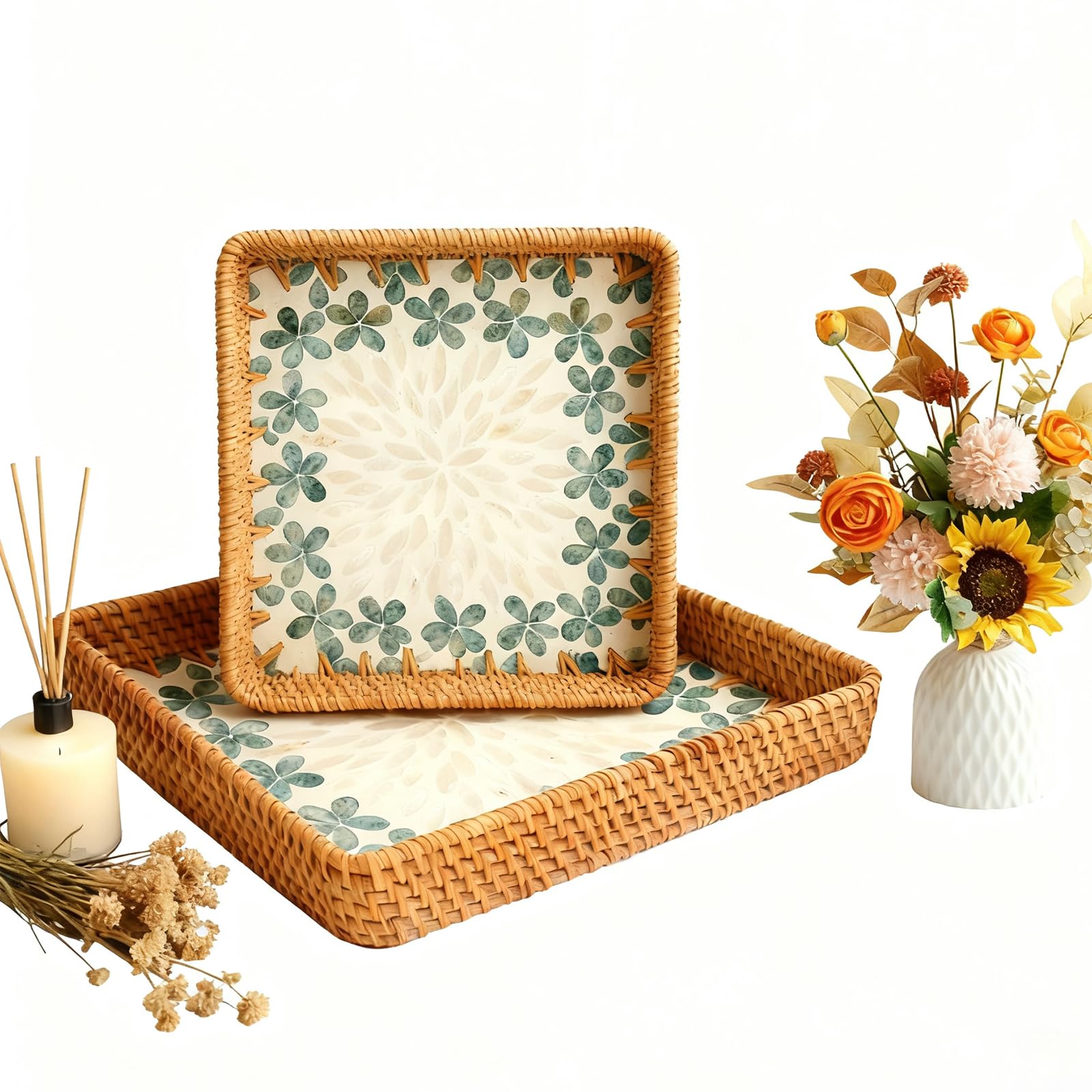 Photo 1 of 1 pcs Rectangle Rattan Serving Tray with Mother of Pearl Inlay, Decorative Wicker Tray for Coffee, Bread, Fruits, Elegant Table Decor for Living Room & Dining Room
