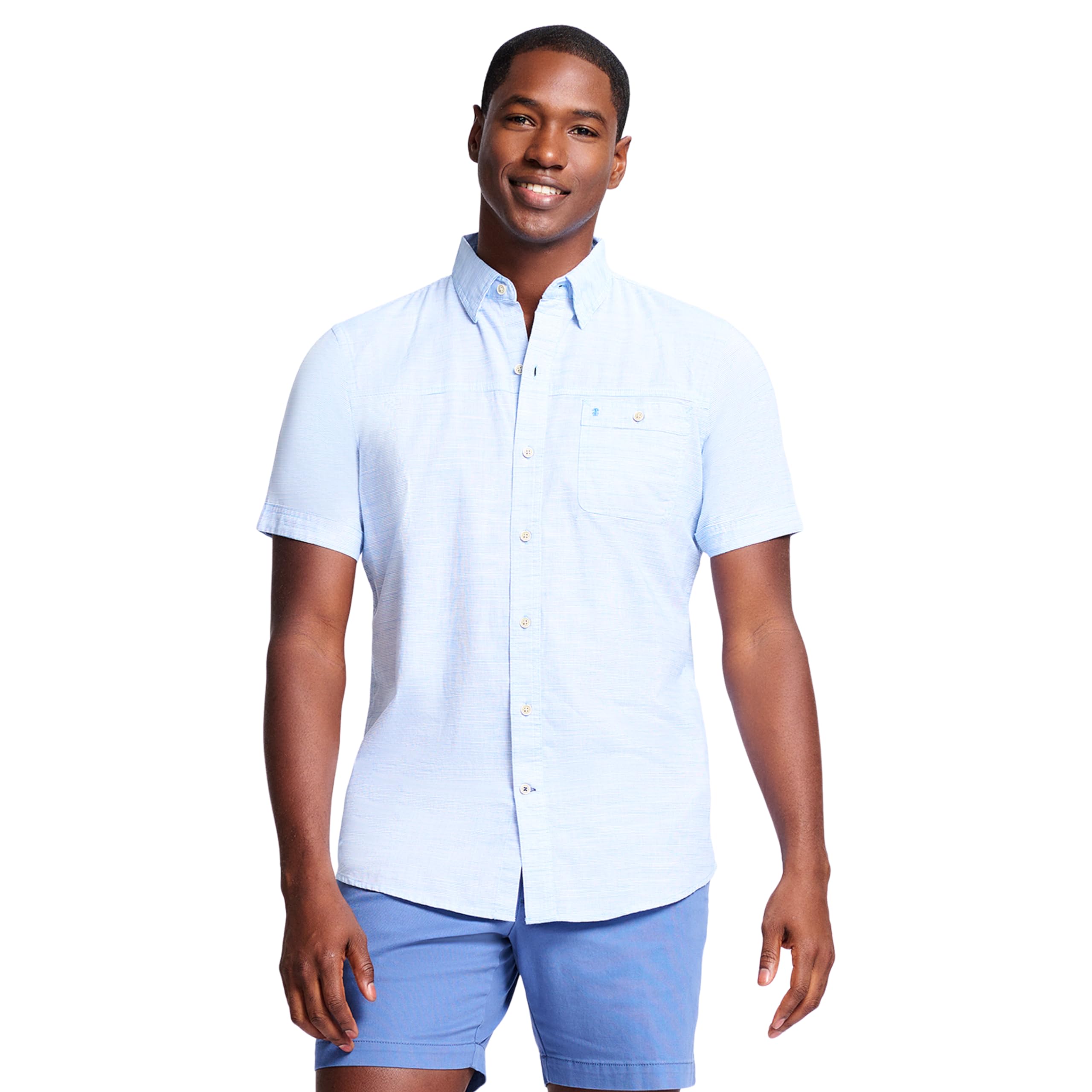Izod Men’s Saltwater Dockside Short Sleeve Button Down Shirt, Blue Revival, XX-Large