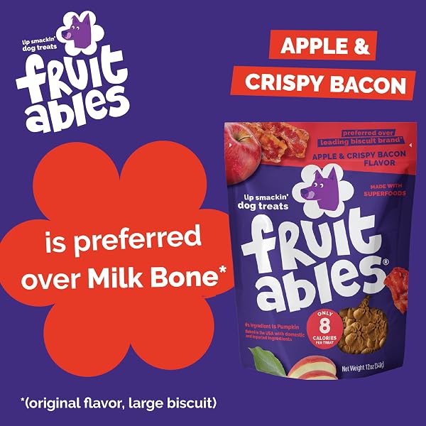 FRUITABLES BAKED DOG TREATS, PUMPKIN SNACKS FOR DOGS, LOW CALORIE & DELICIOUS, NO WHEAT, CORN OR SOY, HEALTHY PUPPY TRAINING TREATS, MADE IN THE USA, APPLE AND CRISPY BACON FLAVOR, 7OZ