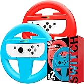 Orzly Steering Wheels for Nintendo Switch & OLED JoyCons, Racing Wheels for Mario Kart 8 Deluxe [Mariokart Switch Steering Wheel Joycon Controller Attachment Accessories] - TWIN PACK[1x Red & 1x Blue]