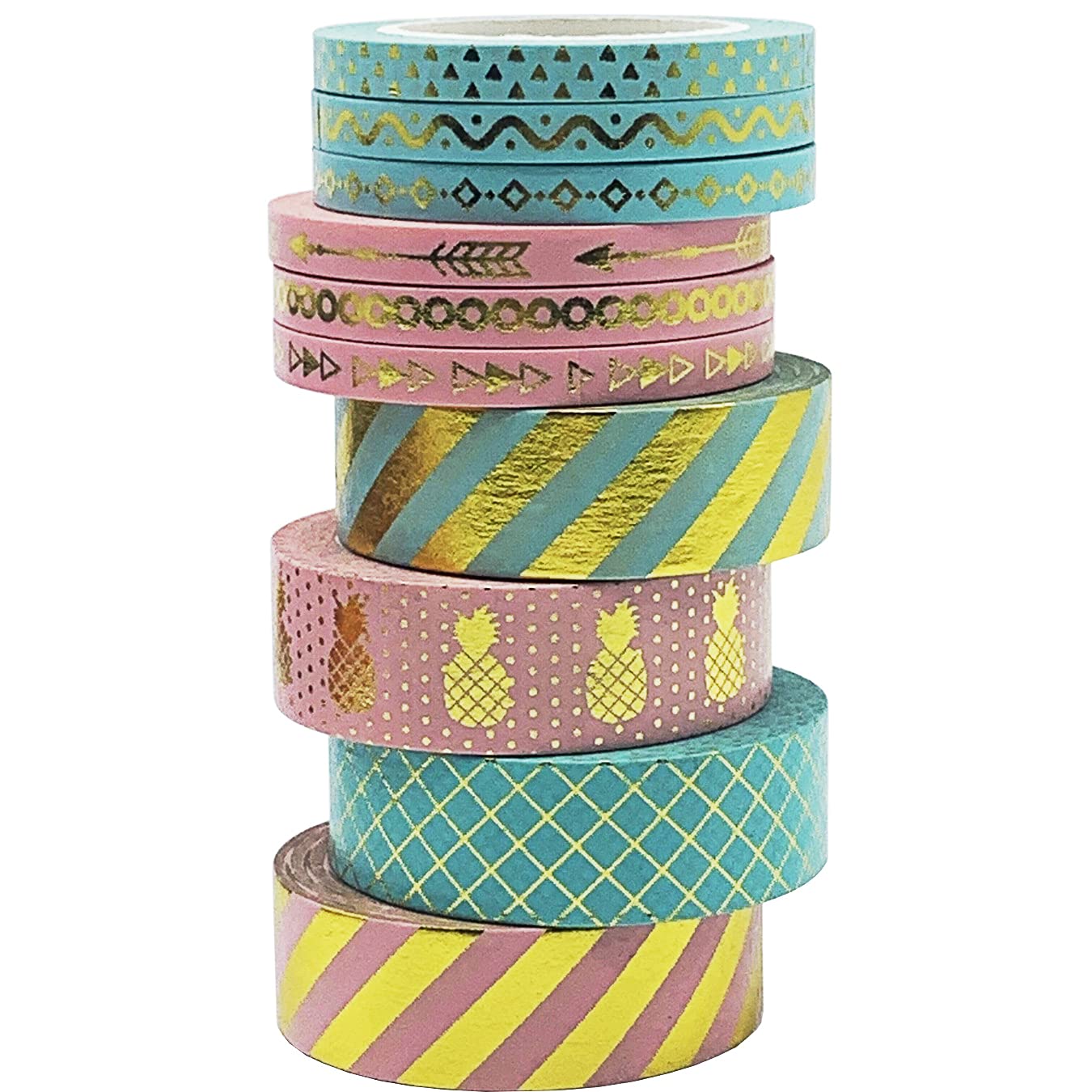 UOOOM 10pcs Gold Foil Washi Tape Sets Pink and Mint Tone Rich Patterns Decorative Sticker Paper Masking Tape Adhesive Scrapbooking DIY Craft Gift (Design 9063)