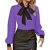 Avanova Women Tie Neck Bishop Long Sleeve Shirts Casual Work Blouses Tops