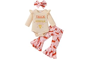 TINYPAINTER Baby Girl Thanksgiving Outfit Pumpkin Pie Romper+Flare Pants Newborn Girl Turkey Day Clothes 0-18 Months