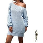 Yazinie Womens Off Shoulder Oversized Knit Sweater Longline Puff Sleeves Tunic Top Loose Fit Fall Winter Pullover for Casual