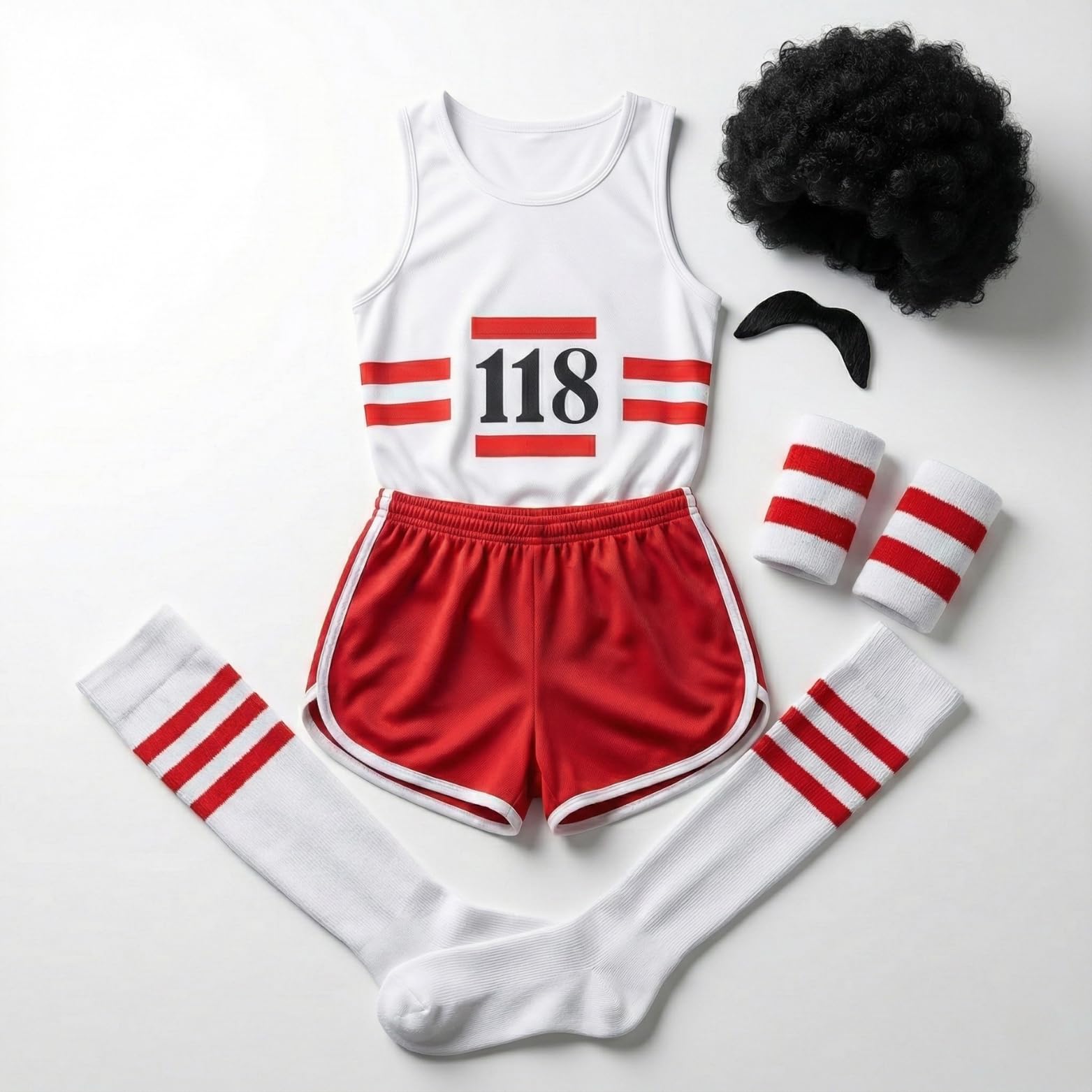 Fairy Trendz 118 Fancy Dress Costume Set - Retro Marathon Runner Vest & Shorts - Includes Afro Wig, Moustache & Sweatbands - Funny 80s 90s Stag Do, Halloween, Bachelor Party & Charity Fun Run Outfit