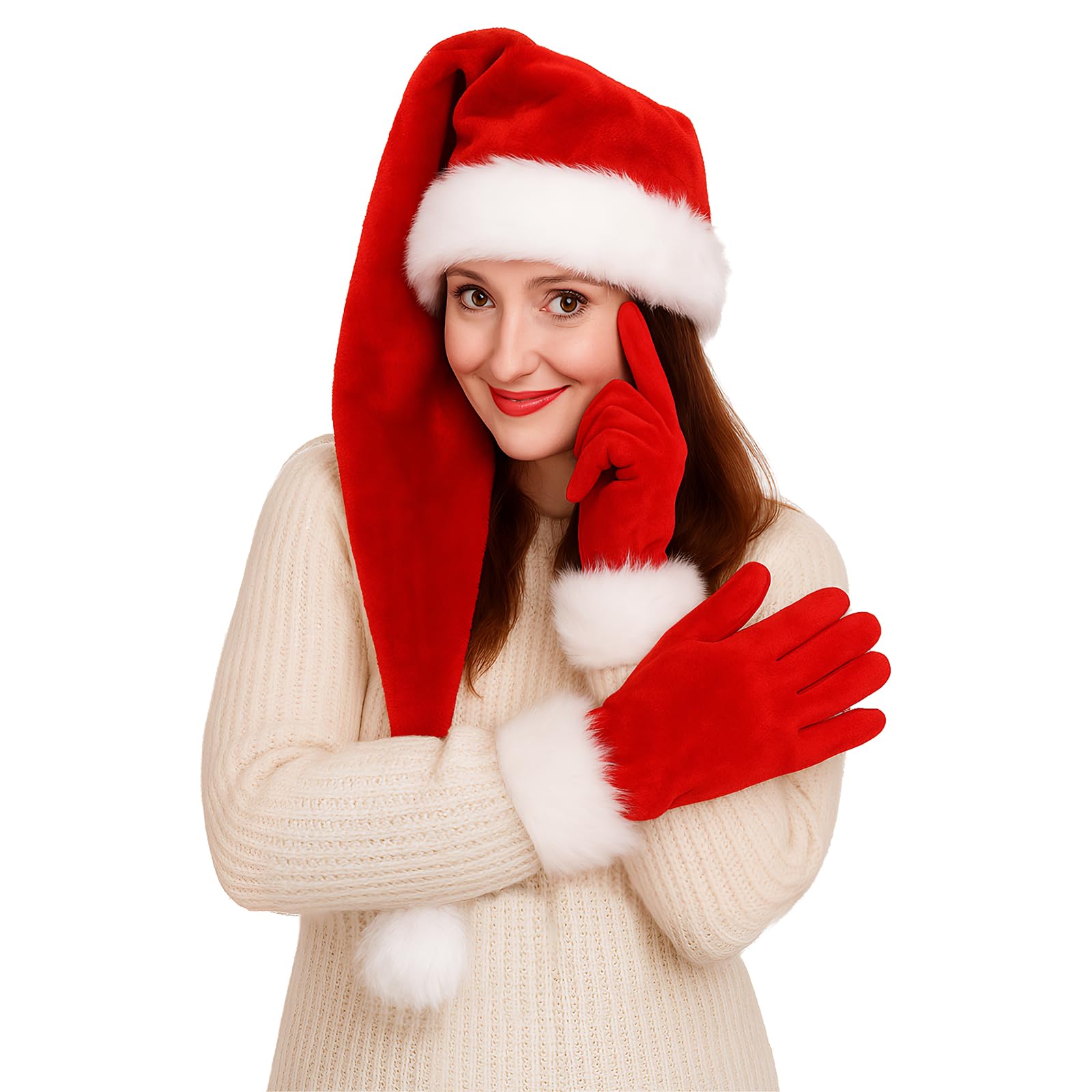 Classic Velvet Christmas Hat Gloves Set with Fuzzy Faux Fur Trim & Pompom, Women Christmas Party Santa Claus Elf Costume Plush Hat Gloves Headwear Outfit Accessory for Xmas New Year Festive Gifts