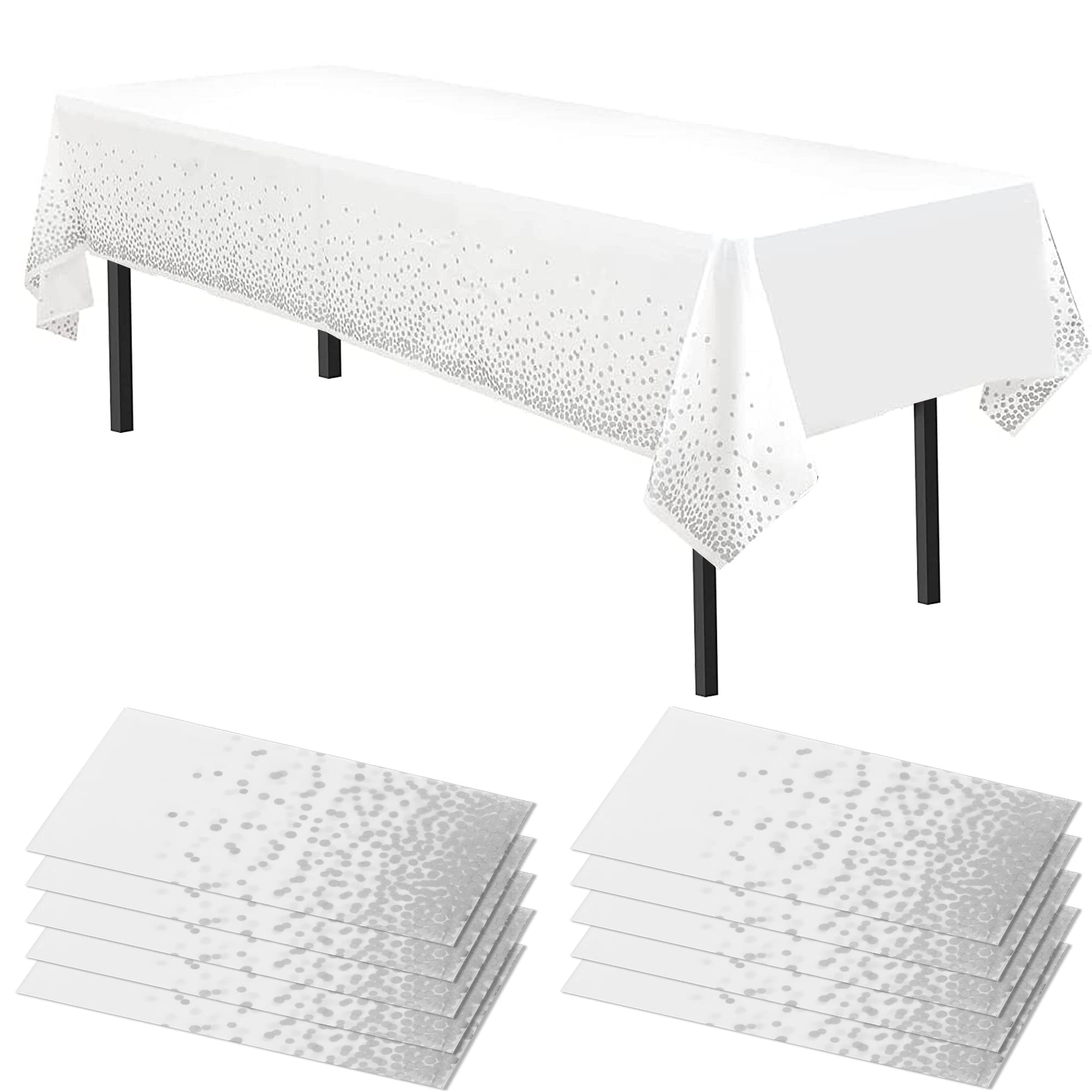Time to Sparkle 10 Pack Plastic Tablecloths 54" x 108" Plastic Dining Table Cloth Premium Rectangle Table Cover for Parties Wedding Banquet etc Indoor Or Outdoor(White Silver)
