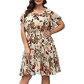 Nemidor Plus Size Summer Dresses for Curvy Women Casual Boho Midi Chiffon Print Floral Dress with Ruffle Sleeve 14-26