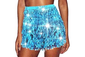 TWINKLEDE Sequin Fringe Skirt Sparkly Tassel Belly Dance Skirt Hip Scarf Rave Outfits for Women