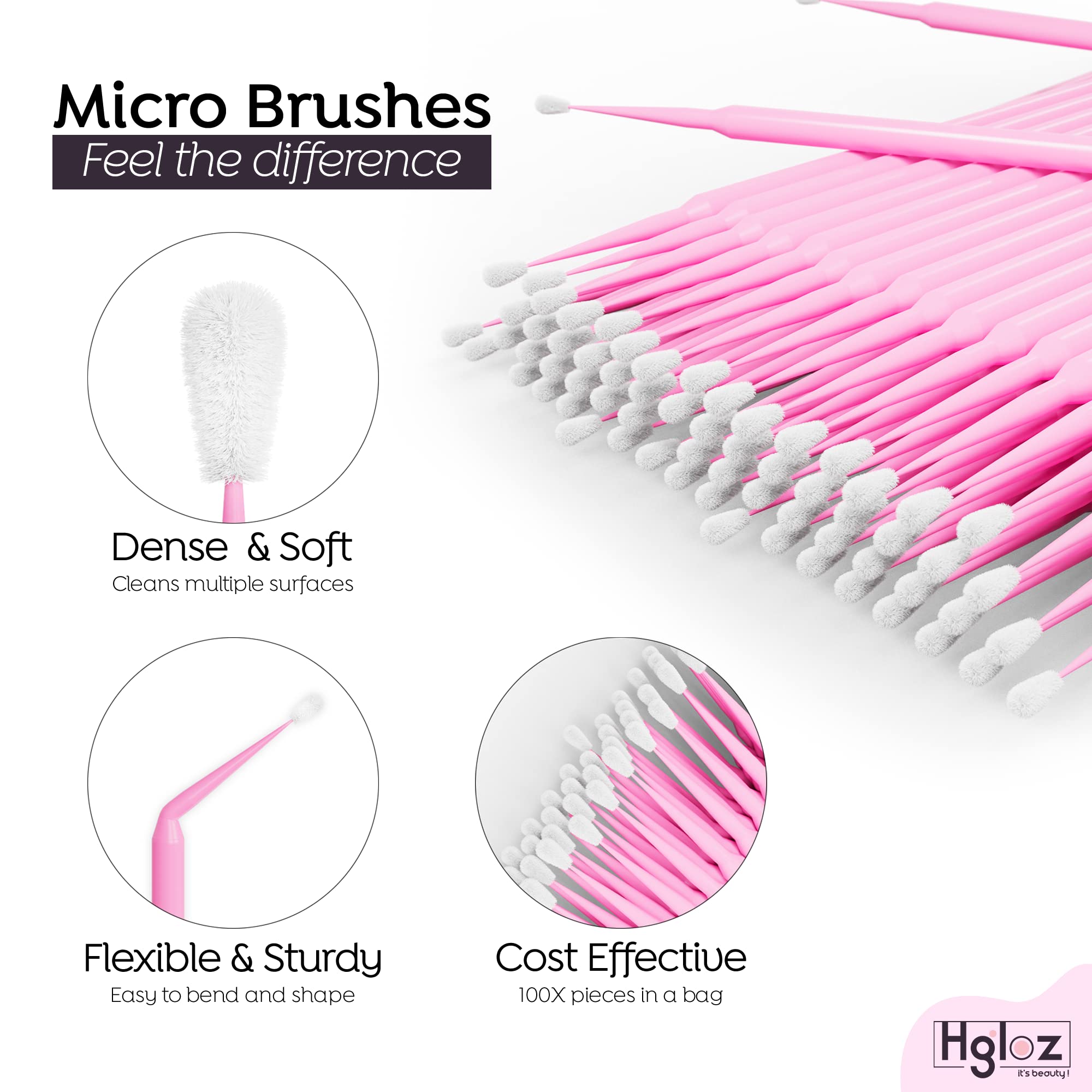 Microswabs for Eyelash Extensions Pack of 500 in Pink – 2mm Soft Micro Applicator Brush with Microfiber Wands – Suitable for Cleaning and Applying Make-up