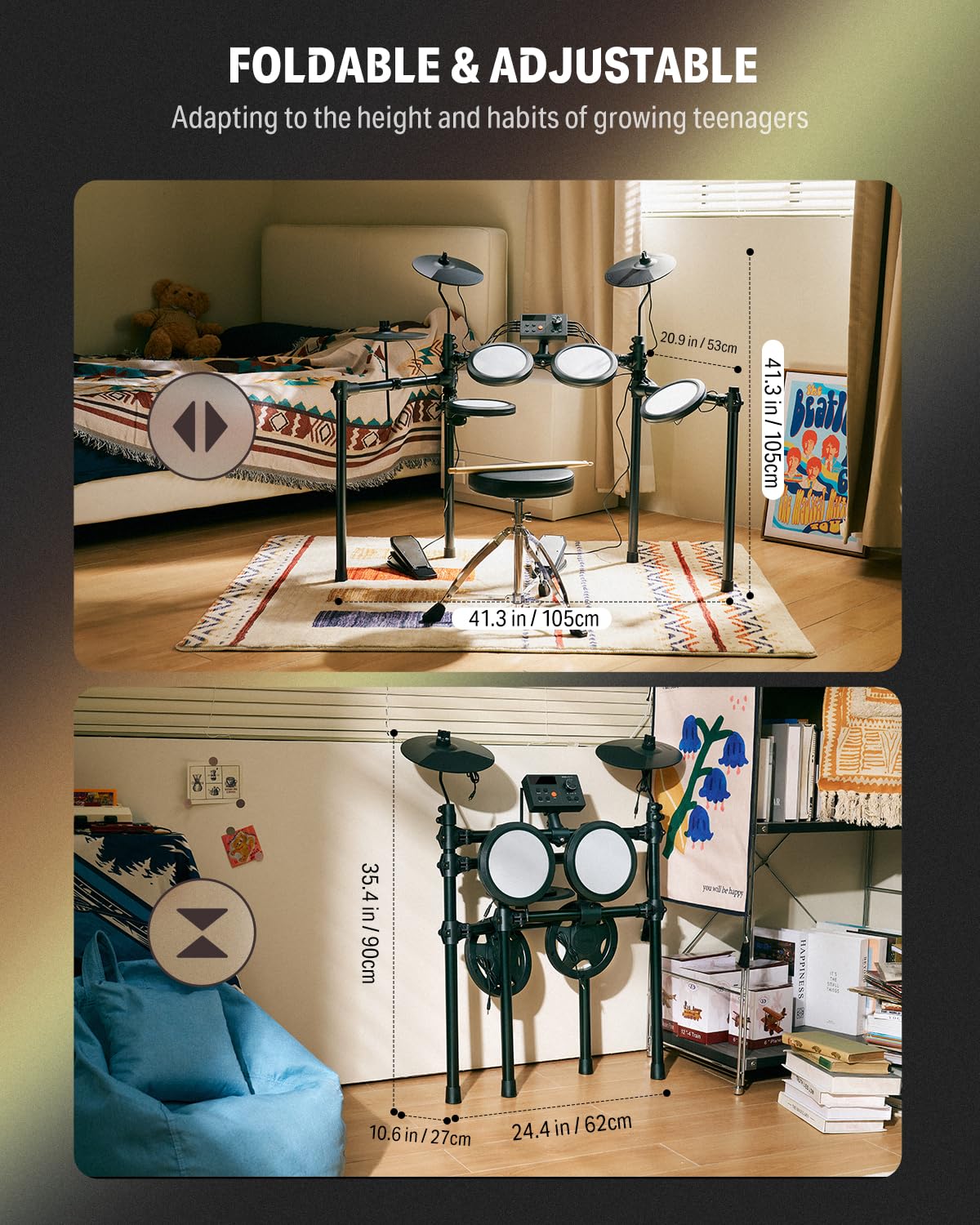 Donner Batería Eléctrica DED-70 Batería Electrónica para Principiantes con 150 Sonidos, 4 Pads de Malla Silenciosos, Platillos de 9", USB MIDI, Carga Tipo C, 2 Pedales, Trono, Auriculares, Baquetas, Lecciones Melódicas