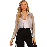 Allegra K Women's See Through Top Long Sleeve Drawstring Hem Button Down Cropped Mesh Sheer Jacket
