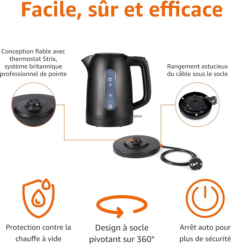 Bouilloire Électrique 1,7L, 2200 W, Sans BPA avec Base 360°, Arrêt Automatique et Filtre Anti-Calcaire Amovible, Noir Mat
