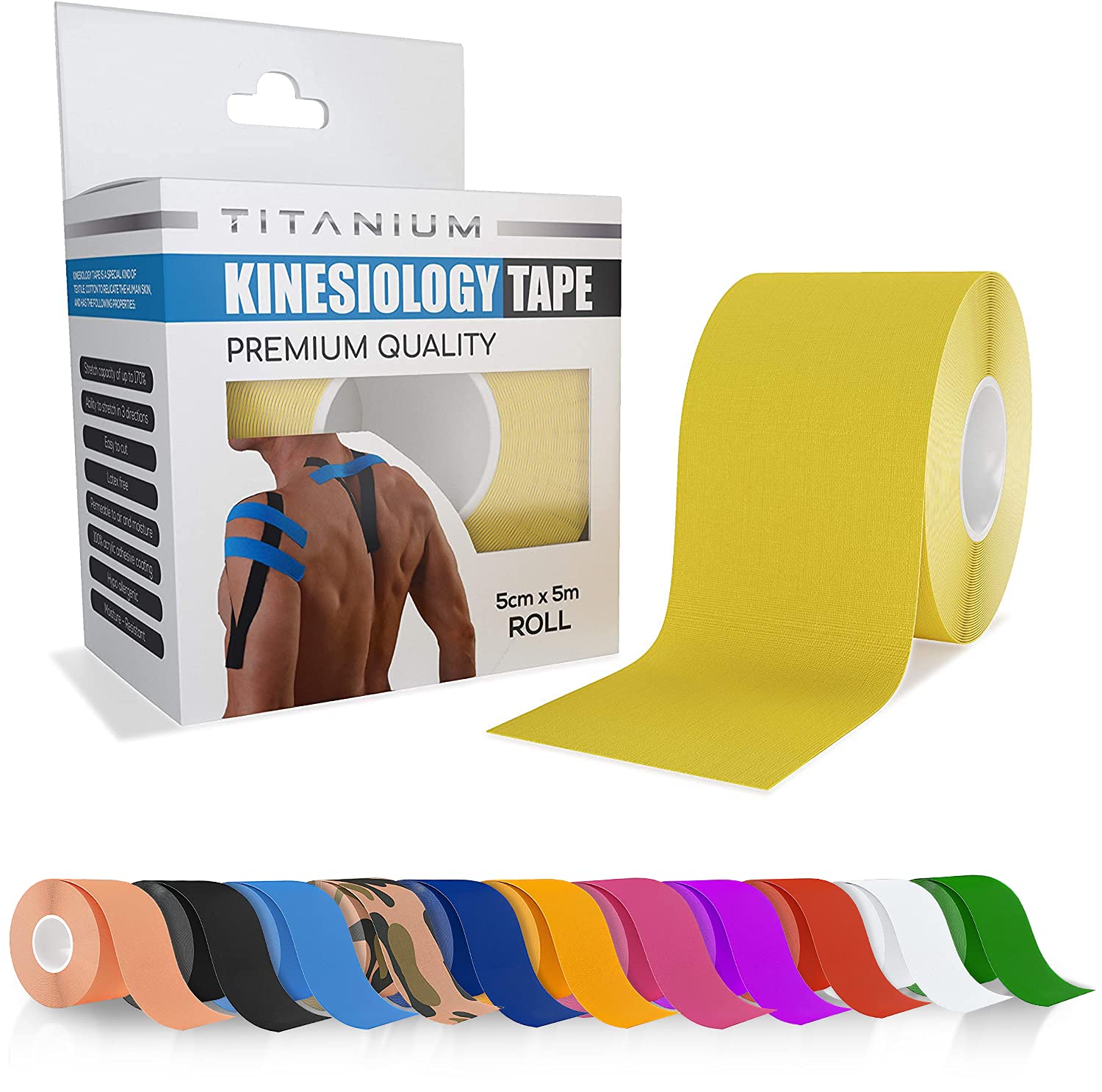 Titanium Sports Kinesiology Tape - 5m Roll of Elastic Water Resistant Tape for Support & Muscle Recovery - Quality Sports Tape