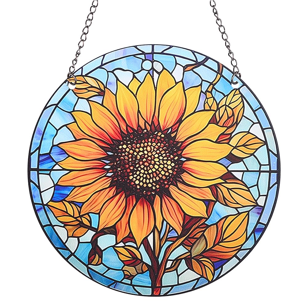 CREATCABIN Sunflower Suncatcher Stained Glass Window Hangings Acrylic Suncatcher Panel Decor Yellow Sunflower Decor Stained Glass Sun Catcher for Windows Hangings for Garden Ornament Gift 6x6Inch