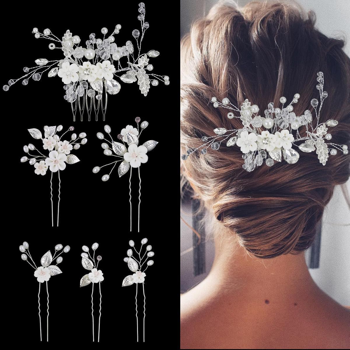 Photo 1 of 6 Pcs Bridal Flower Wedding Hair Pins Crystal Pearl Hair Clips Headpiece Wedding Hair Accessories Jewelry with Rhinestone for Brides Bridesmaids Women Girls Updo
