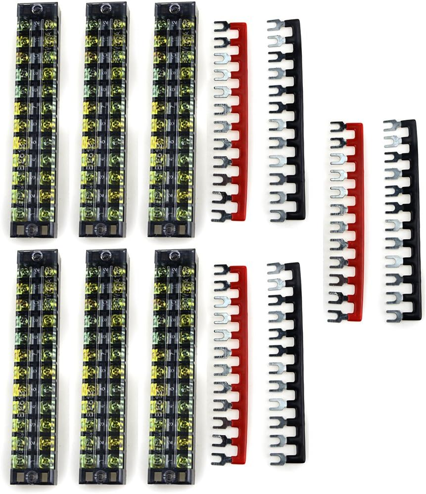 XLX 12pcs (6 Set) 600V 25A 12 Positions Double Row Screw Terminal Strip and 400V 25A 12 Positions Red/Black Pre-Insulated Terminal Barrier Strip