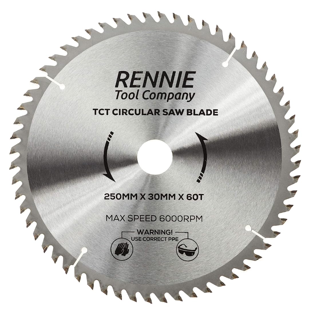 Rennie Tools - 250mm x 30mm x 60T TCT Circular Wood Saw Blade Includes 25mm 20mm & 16mm Bore Reduction Rings. Compatible with Bosch Makita Dewalt Circular Saw Etc. Fits 255mm Circular Saws