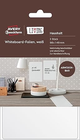 AVERY Zweckform 62013 Living Whiteboard Folien (beschreibar und abwischbar, 98 x 149 mm) 3 Stück weiß