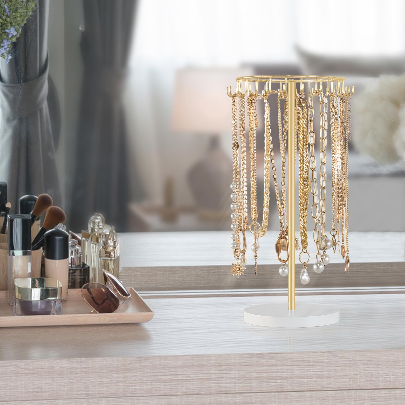 Mkono Mkono Necklace Holder Metal Jewelry Display Stand Necklace Organizer with 22 Hooks for Storage and Hanging Bracelet Keychain Home Room Deocr for Women,Gold