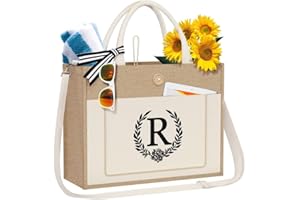 TOPEAST Personalized Gifts for Women - Jute Canvas Tote Bag w Inner and Front Pockets, Mother of The Bride Gifts for Wedding Bridal Shower Birthday Unique Gifts for Friends Burlap Beach Bags Letter R